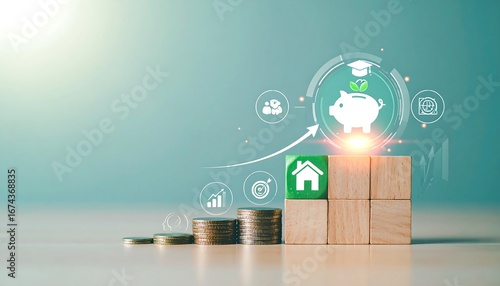 Wooden blocks representing financial growth with piggy bank graphic