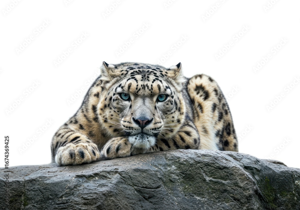 Naklejka premium Leopard Lying on Rock with Focused Expression and Bright Blue Eyes in Natural Environment