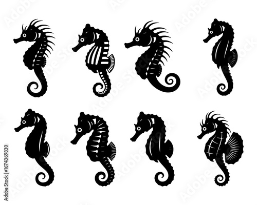 Vector art collection of eight black silhouette seahorse set illustrations, design templates.