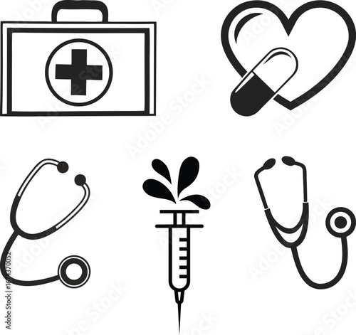 A set of medical icons includes a stethoscope and heart to represent healthcare concepts like cardiology and the clinic