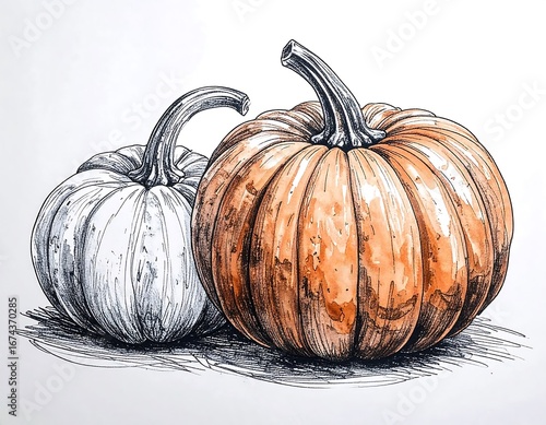 Two pumpkins, one light orange, one grayscale, realistic drawing