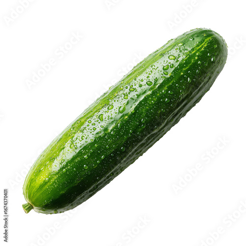 A single ripe cucumber with a vibrant bright green textured peel presented against a plain backdrop transparent background