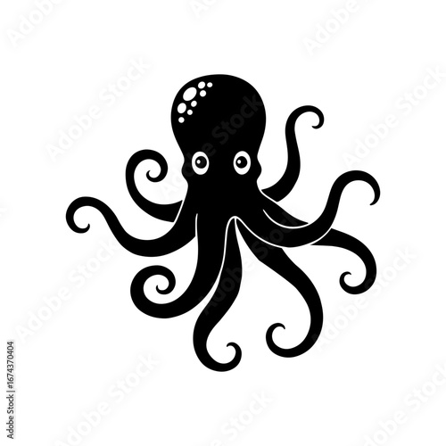 Vector art of a black silhouette of a cute octopus illustration design template, isolated on a white background. 