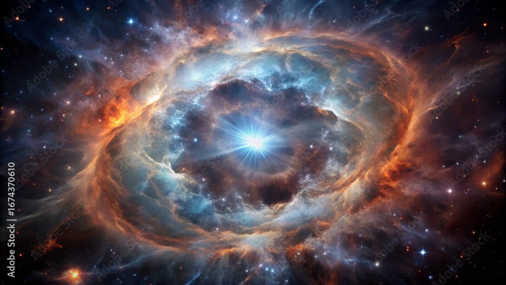 Obraz premium A vibrant nebula with swirling clouds of blue and orange surrounding a bright central star system