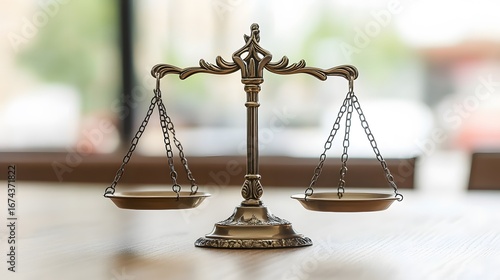 Elegant Brass Scales of Justice on Wooden Table