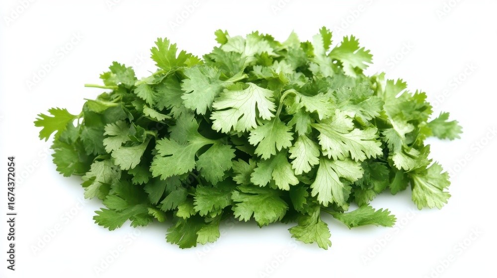 Obraz premium Vibrant Cilantro Leaves Displayed on Crisp White Background - Fresh and Organic Herb for Culinary Delights
