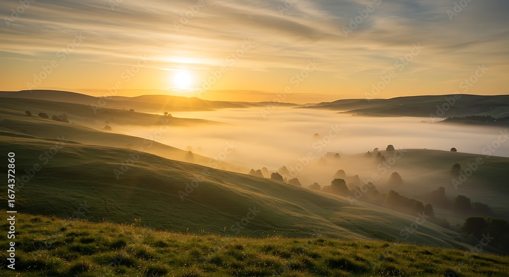 Obraz premium Breathtaking sunrise over a tranquil valley filled with morning fog, illuminating the rolling green hills with golden light