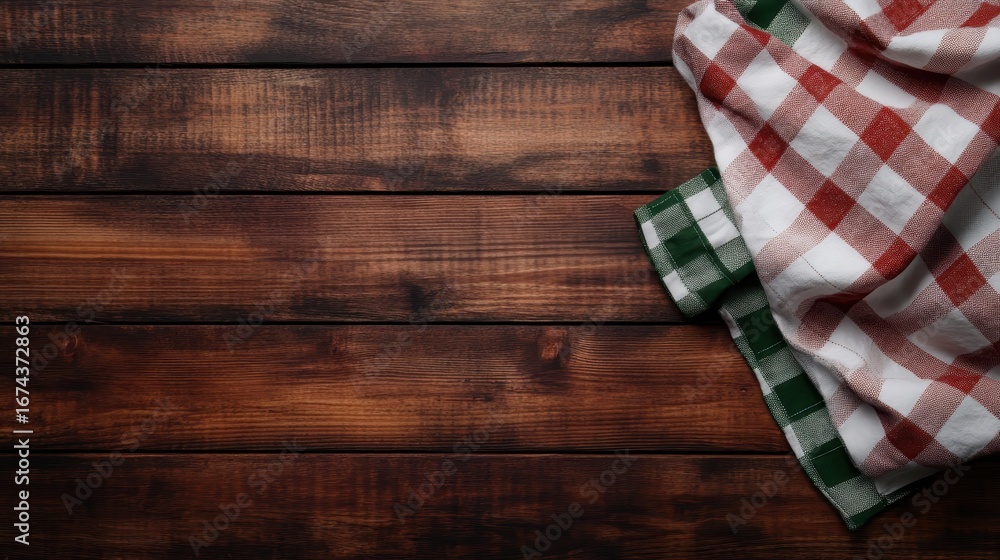 Obraz premium Top View of Rustic Kitchen Table with Brown Wooden Surface and Red Towel. Clean Space for Design Mockup