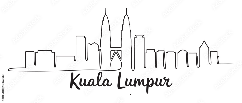 Naklejka premium Single continuous line drawing of Kuala Lumpur city skyline, Malaysia. Famous city landscape. World travel concept home wall decor art poster print. Vector black silhouette. with white background