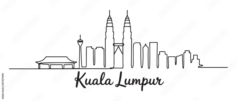 Fototapeta premium Single continuous line drawing of Kuala Lumpur city skyline, Malaysia. Famous city landscape. World travel concept home wall decor art poster print. Vector black silhouette. with white background