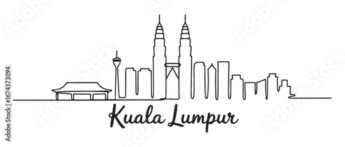 Single continuous line drawing of Kuala Lumpur city skyline, Malaysia. Famous city landscape. World travel concept home wall decor art poster print. Vector black silhouette. with white background