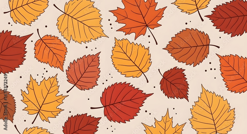 Obraz premium A vibrant and colorful pattern of autumn leaves in various shades of red, orange, and yellow, showcasing the beauty of the fall season with a charming handdrawn aesthetic