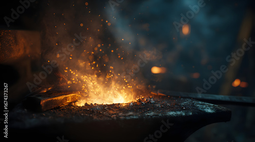 A captivating view of a blacksmith's forge with glowing embers and flying sparks on a rugged anvil