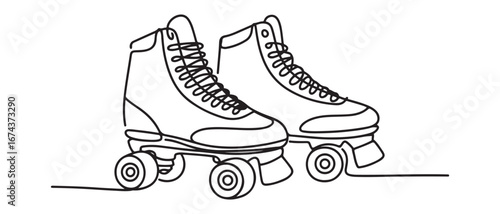 One single line drawing of pair of old retro plastic quad roller skate shoes. Trendy vintage classic sport concept continuous line draw. Vector black silhouette. with white background