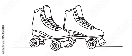 One single line drawing of pair of old retro plastic quad roller skate shoes. Trendy vintage classic sport concept continuous line draw. Vector black silhouette. with white background