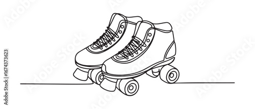 One single line drawing of pair of old retro plastic quad roller skate shoes. Trendy vintage classic sport concept continuous line draw. Vector black silhouette. with white background