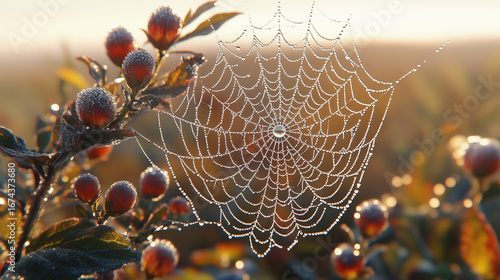 A delicate spider web covered with sparkling dew drops shines brightly in warm morning light among frosted berries on a plant.