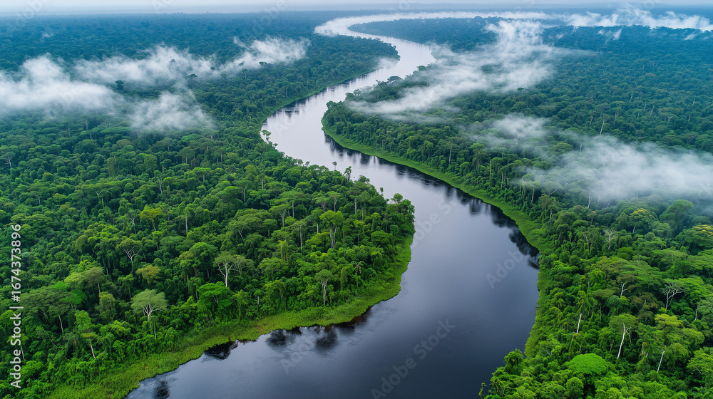 Fototapeta premium A winding river snakes through a lush green rainforest from an aerial perspective with morning mist rising above trees.