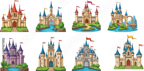 Fantasy Castle Vector Set with Towers, Flags, Bridges, and Moats – Medieval Architecture for Storybook, Game, and Fairytale Themes
