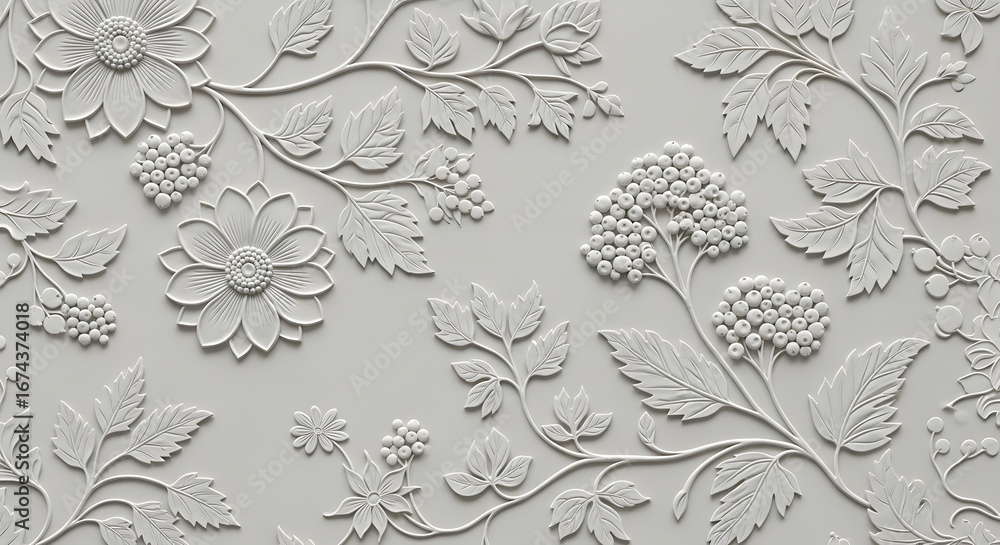 Fototapeta premium Intricate embossed floral pattern with delicate leaves and berries, creating a sophisticated and elegant texture on a neutral background