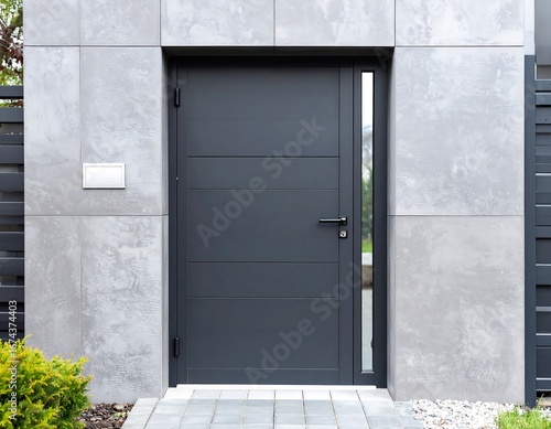Modern gray door on a light gray stone wall