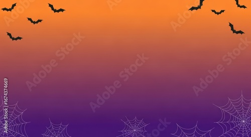 Halloween Background with Bats and Spiderwebs on Orange and Purple Gradient