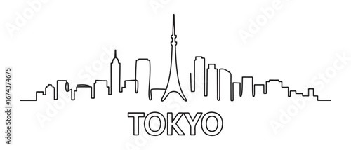 Single continuous line drawing of Tokyo city skyline, Japan. Famous city scraper and landscape. World travel concept home wall decor poster print art. Vector black silhouette. with white background