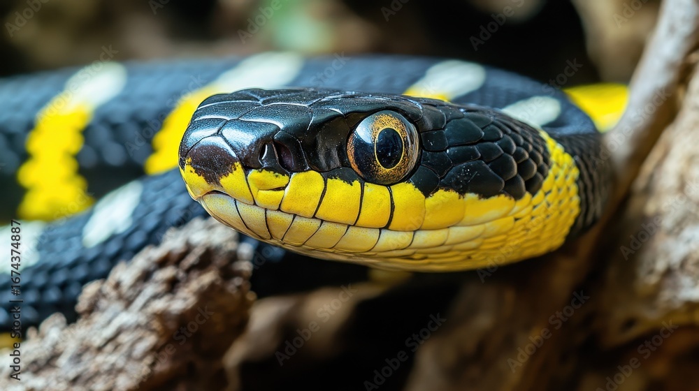 Obraz premium Adorable Serpent: Close-Up of a Striped Reptile in Vibrant Yellow and Black Tones