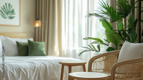 Cozy Green Bedroom Oasis with White Furnishings and Natural Wooden Accents in Contemporary Home Setting