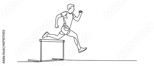 Single continuous line drawing of young happy health runner man jump running through hurdle barrier at run track. Run sport healthy lifestyle concept. Vector black silhouette. with white background