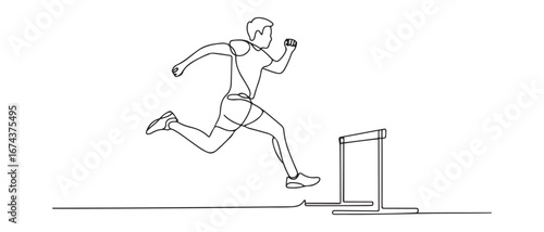 Single continuous line drawing of young happy health runner man jump running through hurdle barrier at run track. Run sport healthy lifestyle concept. Vector black silhouette. with white background