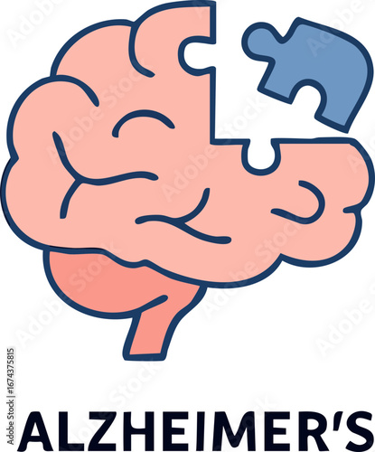 This is a flat vector illustration of a human brain with a missing puzzle piece, symbolizing memory loss and Alzheimer's disease.