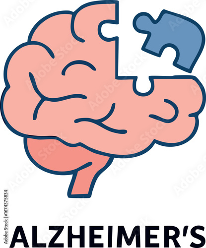 This is a flat vector illustration of a human brain with a missing puzzle piece, symbolizing memory loss and Alzheimer's disease.