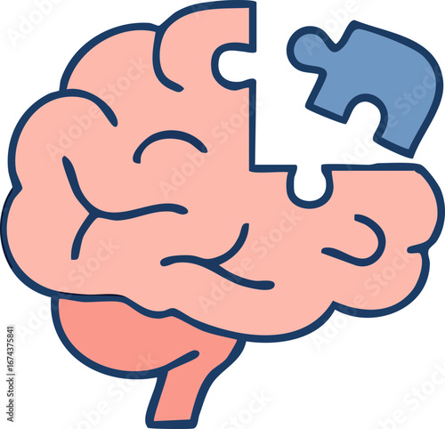 This is a flat vector illustration of a human brain with a missing puzzle piece, representing memory loss, cognitive decline, or neurological disorders.