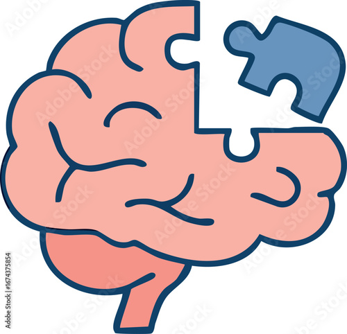 This is a flat vector illustration of a human brain with a missing puzzle piece, representing memory loss, cognitive decline, or neurological disorders.