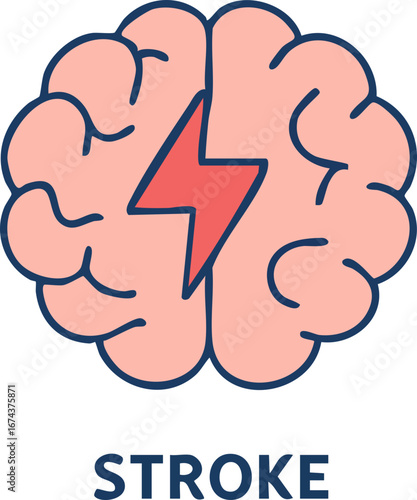 This is a flat vector illustration of a human brain with a red lightning bolt in the center, labeled "STROKE," symbolizing a brain stroke or sudden neurological event.