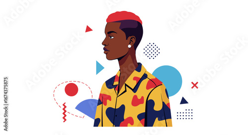 Young black man in colorful shirt facing sideways with abstract background  