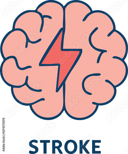 This is a flat vector illustration of a human brain with a red lightning bolt in the center, labeled "STROKE," symbolizing a brain stroke or sudden neurological event.