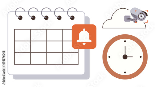 Calendar, bell icon, clock, and security camera. Ideal for time management, reminders, scheduling, deadlines organization alerts digital security. Clean flat design metaphor
