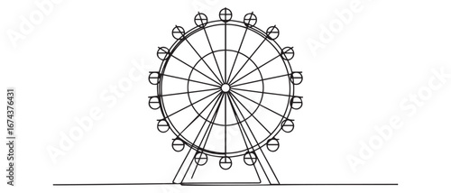 Continuous one line drawing of a ferris wheel in an amusement park, a circular circle turning high in the sky. Vector black silhouette. with white background