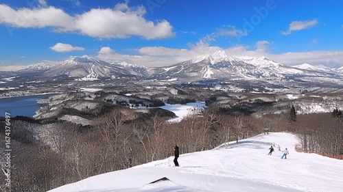 Panoramic winter scenery of Mount Myoko, Kurohime and Lake Nojiri (Madarao, Nagano, Japan)