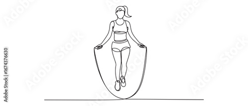 Single continuous line drawing young sportive woman train jumping with skipping rope in sport gymnasium club center. Fitness stretching concept. Vector black silhouette. with white background