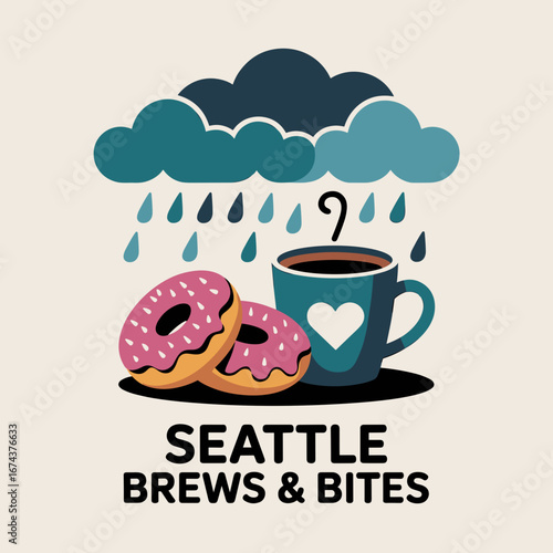 Seattle Coffee and Donuts Illustration with Rain Theme