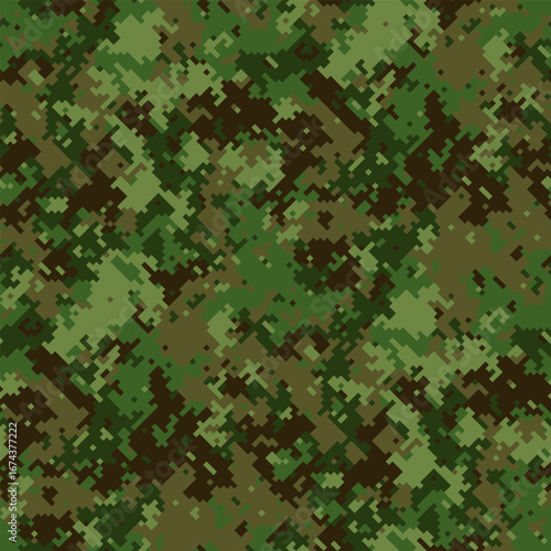 Abstract digital camouflage pattern.  Versatile, pixelated design in earthy greens and browns. Ideal for backgrounds, textiles, military or outdoor themes.