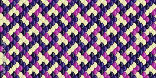 Vibrant abstract pattern of overlapping circles in purple, cream, and dark blue.  Ideal for textile design, website backgrounds, or any project needing a bold, textured visual.