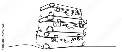 One continuous line drawing of old retro vintage leather suitcases stack. Vector black silhouette. with white background