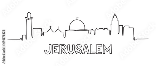 Single continuous line drawing of Jerusalem skyline, Palestine. Famous city scraper landscape. World travel concept home decor wall art poster print. Vector black silhouette. with white background