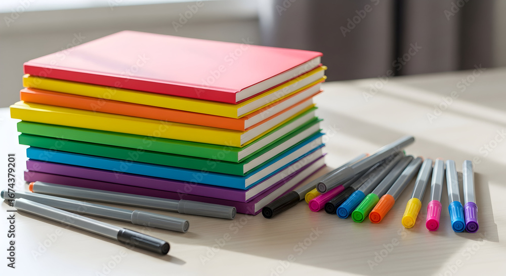 Fototapeta premium Colorful notebooks and pens on a desk.