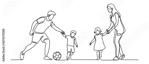 One continuous line drawing of young father playing soccer with son while mother teaching daughter to walk at field. Happy family parenting concep. Vector black silhouette. with white background