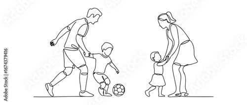One continuous line drawing of young father playing soccer with son while mother teaching daughter to walk at field. Happy family parenting concep. Vector black silhouette. with white background